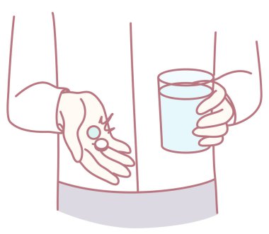 Bir insanı düşünceli bir şekilde bir bardak suyun yanında hapları tutarken gösteren çekici bir çizim.