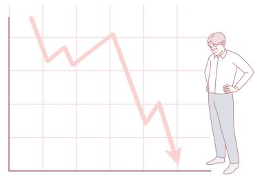 Bir işadamı, borsa performansında endişe verici bir düşüş eğilimini dikkatle düşünüp analiz eder.