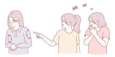 İki kızın neşe içinde başka bir kıza güldüğünü gösteren bir çizim. Çok üzgün ve üzgün görünüyor.