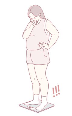 Bir kadın görünür bir şekilde şok olmuş ve şaşırmış görünür. Bir ölçek üzerinde tartılırken, endişelerini belli eder.