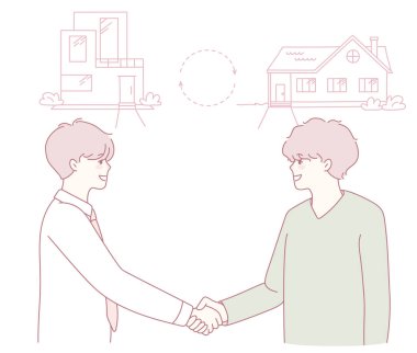 Evlerin üzerinden el sıkışan iki birey, emlak sektöründe ortaklığın ve başarının özünü simgeliyor.