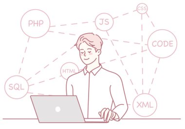 A skilled developer is coding in various programming languages on their laptop, showcasing impressive tech skills clipart svg vector 