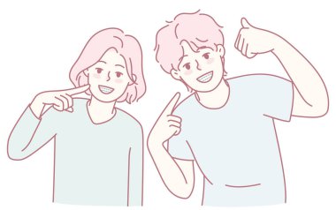 İki genç yetişkin, her ikisi de geniş ve neşeli bir şekilde birlikte poz veriyorlar, canlı sosyal medya temaları için ideal.