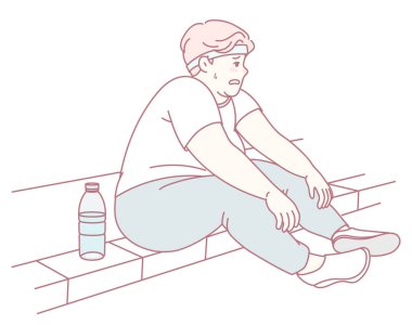 Yalnız bir insan düşünceli bir şekilde bir çıkıntıda oturur, derin düşüncelere dalmış, bir su şişesinin yanında.