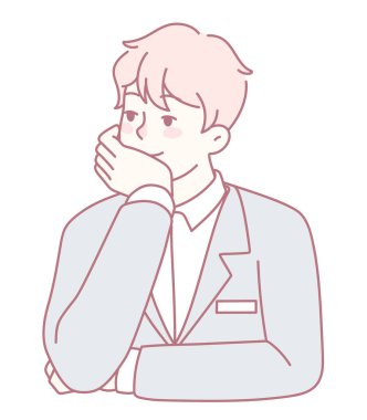 Şık ve şık bir iş elbisesi giymiş düşünceli genç bir adam önemli kararları yansıtır.