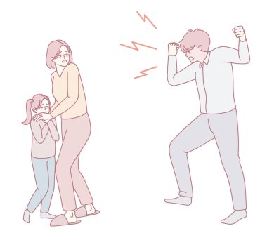 Bir anne ve çocuğun öfkeli bir figür korkusuyla aile içi gerilimi vurguluyor..