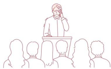 Önemli bir sunum sırasında seyircilere hitap ederken bir konuşmacı gözle görülür şekilde gergin görünür.