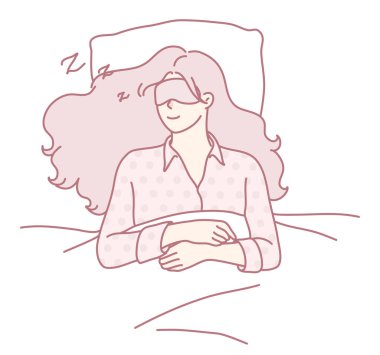 Rahat bir pijama ve göz maskesi takıp huzur içinde uyuyan bir kadının huzur dolu bir tasviri.