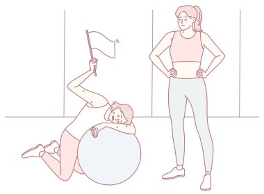 Spor müsabakalarına mizahi bir yaklaşım, fitness topu ve destekleyici bir arkadaşı olan bir kişi.