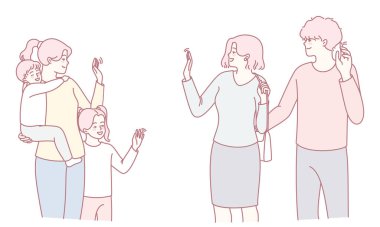 Bir illüstrasyon, aile üyelerini akıllı telefonlar kullanarak çağdaş iletişim yöntemlerini vurguluyor