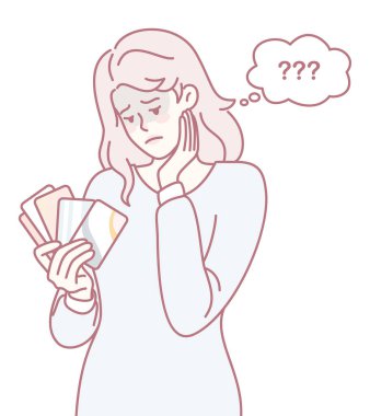 Düşünceli bir kadın para yönetimi ve bütçe belirsizliğini belirterek mali durumunu inceliyor.