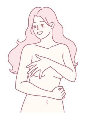 Göz alıcı, pembe saçlı, kendine güveni ve güzelliğiyle gülümseyen bir kadının minimalist çizimi.