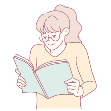 Okumaya dalmış neşeli bir kadın, edebiyat ve rahatlamada bulunan muazzam mutluluğu resmediyor.