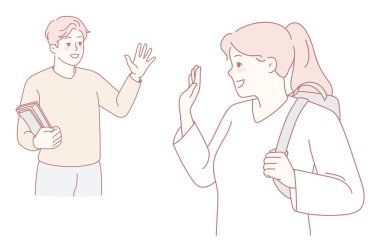 İki arkadaş birbirlerini gülümseyerek selamlıyor, moral verici dostluklarını ve pozitif bağlantılarını sergiliyorlar.