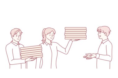 Gülümseyen yatırımcılar tasarruf ve gelir için başarılı iş adamlarına para veriyorlar. İş adamları bankaya para yatırdılar. Finans ve yatırım konsepti. Vektör illüstrasyonu.