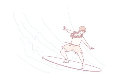 Mutlu çocuk sörf tahtasında durur yaz tatillerinde iyi eğlenceler. Aktif çocuk yaz tatillerinde yüksek dalgalarda sörf yapıyor. Çocukluk aktivitesi. Vektör illüstrasyonu.