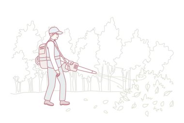 Üniforma koleksiyonu olan erkek bahçıvan kullanışlı süpürgeli yapraklar bırakır. Baharda bahçedeki bahçeyi temizleyen adam sonbaharda dışarıda çalışıyor. Düz vektör illüstrasyonu.