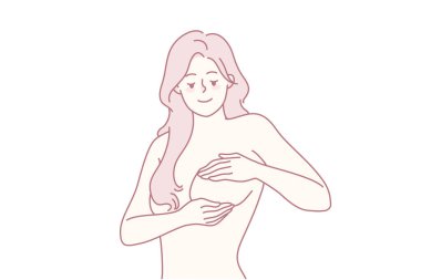 Memelere dokunan genç bir kadın kanseri önlüyor. Kadın, onkolojinin önlenmesi ya da teşhisi için kendini muayene ediyor. Sağlık ve tıp konsepti. Vektör illüstrasyonu.