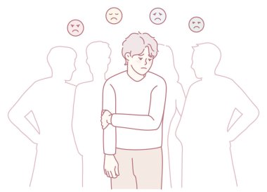 Bir grup ortamında sosyal kaygı ve izolasyon duygularını gösteren bir çizim.