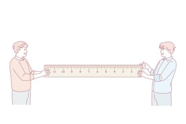 Elinde cetvel tutan gülümseyen adamlar projeyi birlikte onarmak için çalışıyorlar. Teypli erkek arkadaşlar ölçü alırlar. Mekanik ve mühendislik konsepti. Vektör illüstrasyonu.