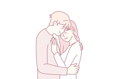 Mutlu genç çift kalp sembolü arka planında sarılıyor. Gülümseyen adam ve kadın, birbirlerine karşı samimi yakınlaşırlar. Aşk ve ilişki. Vektör illüstrasyonu.