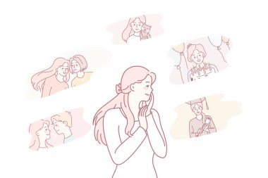 Genç bir kadın hayattan farklı sahneleri hatırlarken nostaljik hisseder. Olumlu ve olumsuz olaylarla dolu mutlu kız anıları. Nostalji ve hatırlama. Vektör illüstrasyonu.