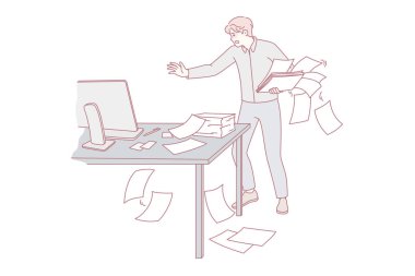 Beceriksiz çalışan ofiste dağınık evrakları topluyor. Uygunsuz yorgun erkek işçi iş yerinde evrak işleriyle uğraşıyor. İşte karmaşa ve kaos. Düz vektör illüstrasyonu.