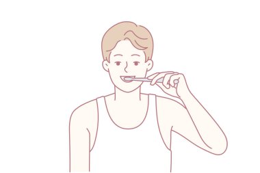 Sabah diş fırçasıyla dişlerini fırçalarken gülümseyen genç bir adam. Mutlu adam banyoda günlük oral bakım yapıyor. İyi alışkanlık. Vektör illüstrasyonu.