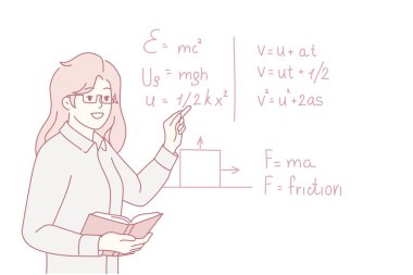 Siyahların yanında durup derste konuşan gülümseyen kadın öğretmen. Öğrenciler için matematik dersi veren mutlu kadın öğretmen. Eğitim. Vektör illüstrasyonu.