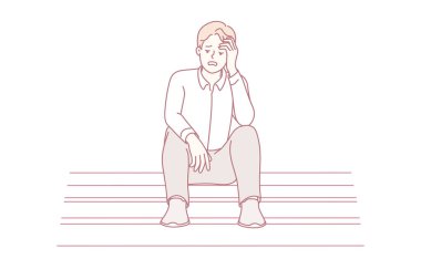 Mutsuz genç adam merdivenlerde oturup iş kaybından ya da başarısızlıktan dolayı endişeli hissediyor. Hayati ya da iş sorunları yüzünden canı sıkkın bir erkek çözüm arıyor. Vektör illüstrasyonu.