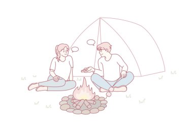 Ormanda kamp ateşinin yanında oturan mutlu adam ve kadın. Gülen çift ateşin yanında kamp yaparken rahatlıyor. Doğa eğlencesi konsepti. Vektör illüstrasyonu.