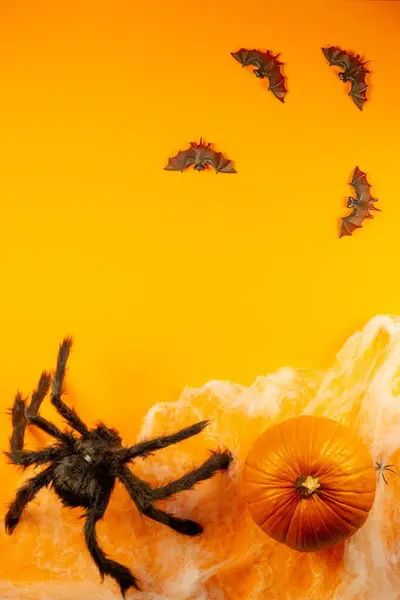 Fundo Halloween Com Aranhas Aranhas Teias Aranha Fundo Laranja — Fotografia de Stock