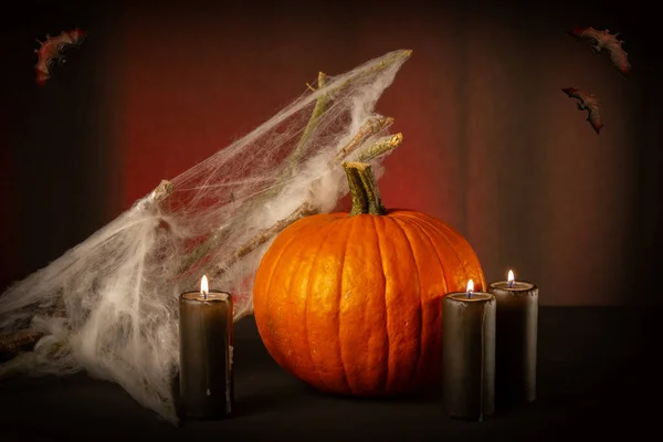 Tökfej Gyertya Sötét Háttérrel Halloween Koncepció — Stock Fotó