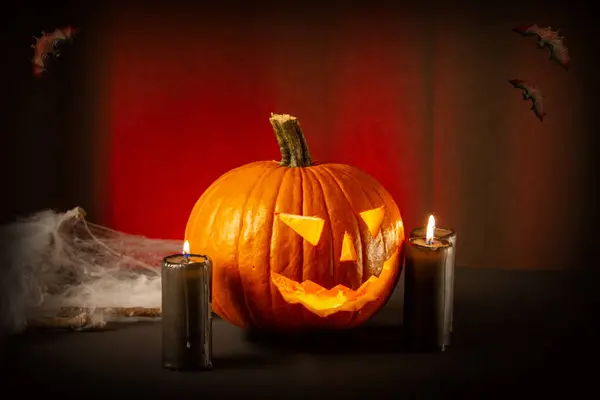 Abóbora Velas Fundo Escuro Conceito Halloween — Fotografia de Stock
