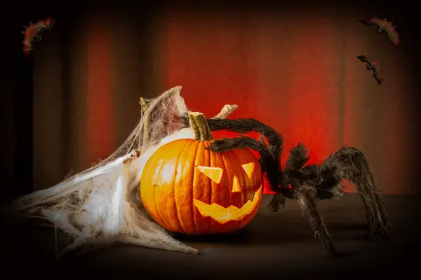Halloween Pompoen Met Spinnenweb Spinnenweb Donkere Achtergrond — Stockfoto