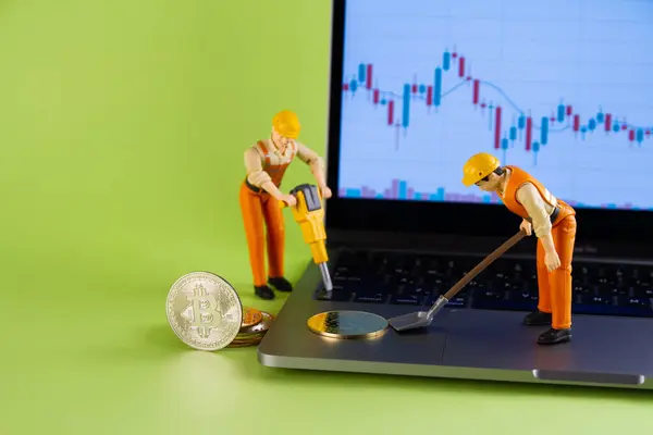  Minyatür insanlar yeşil arka planda dizüstü bilgisayarı ve bitcoin ile inşaat işçisi.
