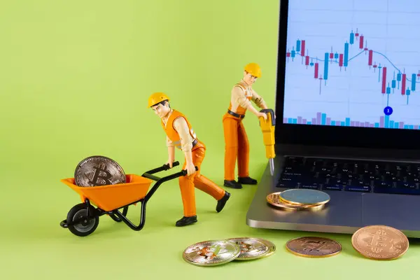 Minyatür insanlar yeşil arka planda dizüstü bilgisayarı ve bitcoin ile inşaat işçisi.