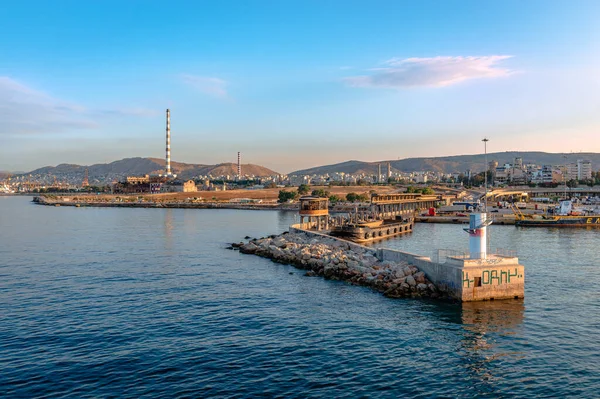 Piraeus Greece June 2023 Entrance Harbor Breakwater City Factory Smokestacks — Stock Photo, Image