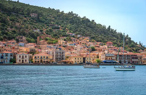 stock image Gytheio, Greece - June 27 2024: The waterfront of the town seen from the sea.