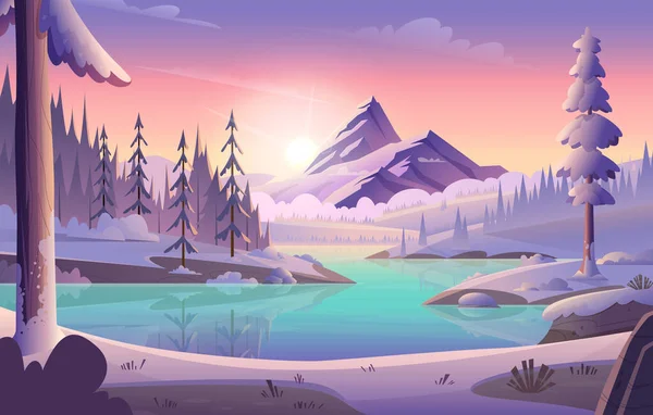 Çizgi Film Renkli Kış Manzarası Kayalar Buzlu Orman Ile Karlı — Stok Vektör