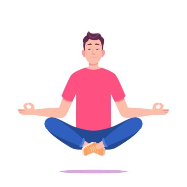 Kırmızı tişörtlü ve spor ayakkabılı genç adam lotus pozisyonunda meditasyon yapıyor. Modern çizgi film vektör çizimi.