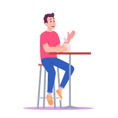 Kırmızı tişörtlü ve spor ayakkabılı genç adam ayakta ve gülümsüyor, bar masasında oturuyor ve kahve ya da çay içiyor ve konuşuyor. Modern çizgi film vektör çizimi.