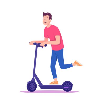 Kırmızı tişörtlü ve spor ayakkabılı genç adam elektrikli scooter kullanıyor. Adam ekolojik ulaşım kavramının üzerinde duruyor. Modern çizgi film vektör çizimi.