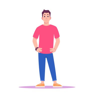 Kırmızı tişörtlü ve spor ayakkabılı genç adam ayakta ve gülümsüyor. Modern çizgi film vektör çizimi.