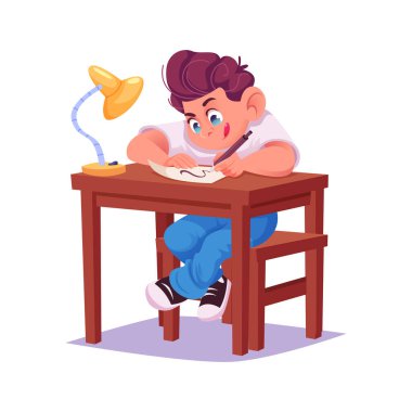 Beyaz polo tişörtlü genç adam masaya oturuyor ve kağıda bir şeyler yazıyor ya da çiziyor. Vektör illüstrasyonu