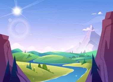 Güneşli bir günde dağ nehri manzaralı bir çizgi film. Vektör illüstrasyonu