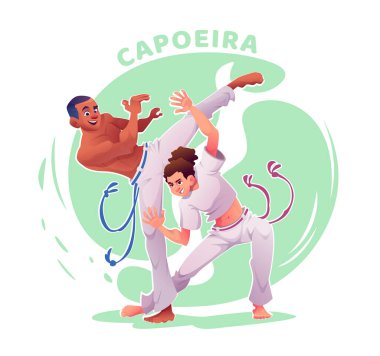 Çizgi film capoeira erkek ve bayan oyuncular pratik yapıyor. Capoeira dansçıları hareket halinde. Vektör illüstrasyonu