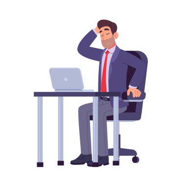 Kafasını kaşıyarak ofis masasında dizüstü bilgisayarla otururken kafa karışıklığı ve belirsizliği gösteren takım elbiseli şaşkın iş adamının modern düz tasarım çizimi. 