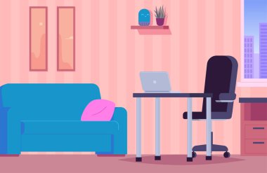 Minimalist ev ofisinin modern düz tasarım çizimi içi boş sandalye, masa üstünde dizüstü bilgisayar, mavi kanepe ve pembe dekor. Uzak iş kavramları, çalışma alanı tasarımı ve iş ortamı için mükemmel..