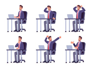 Takım elbiseli iş adamlarının modern düz tasarım koleksiyonu altı farklı duyguyu gösteriyor ve ofis masasında dizüstü bilgisayarla poz veriyor. Çalışmayı, düşünmeyi, stresi, telefon konuşmasını, kutlamaları ve jestleri içerir.. 